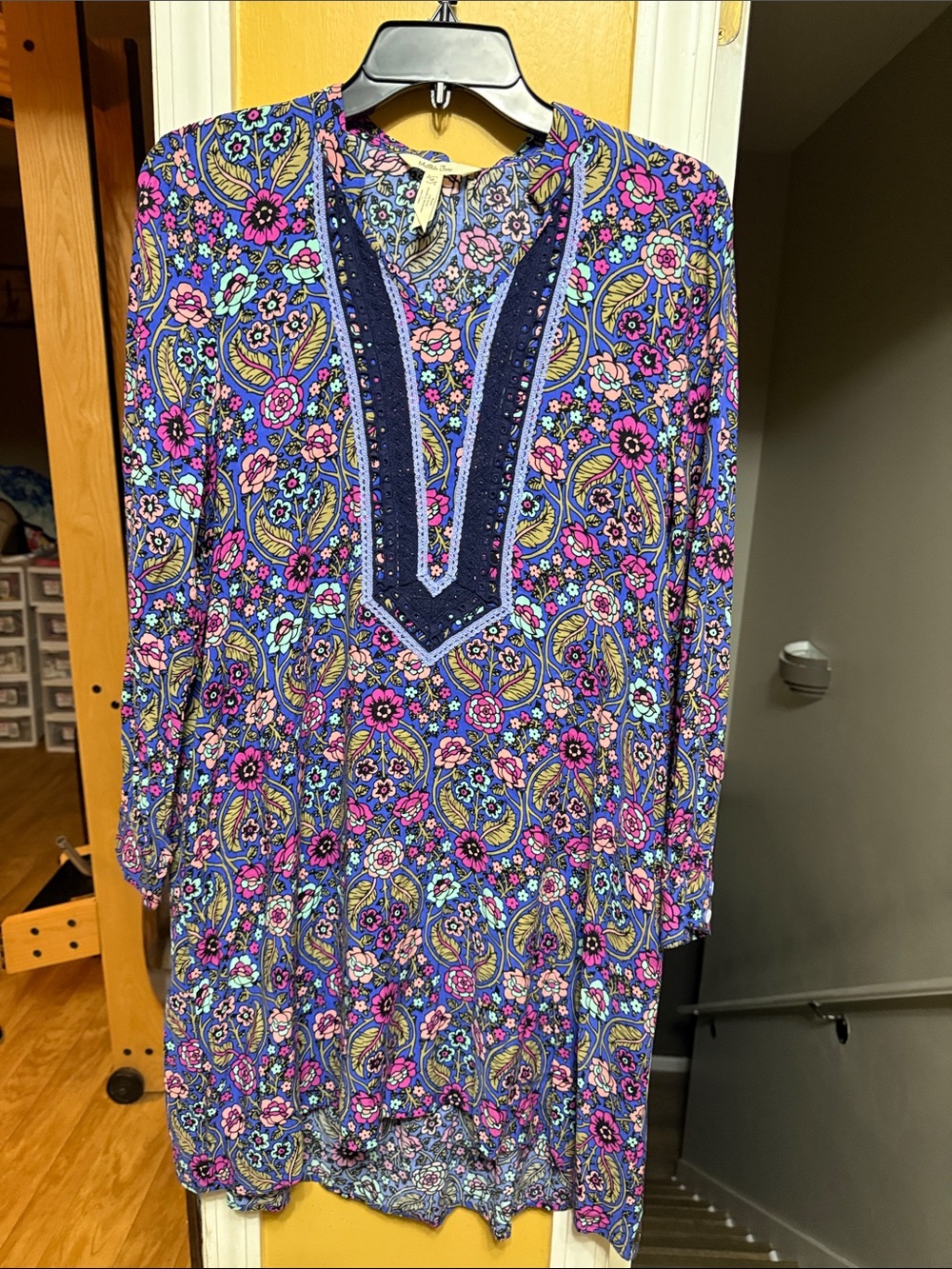 Matilda Jane Medium Blue Floral Boho Tunic Dress Crochet Trim Long Sleeve